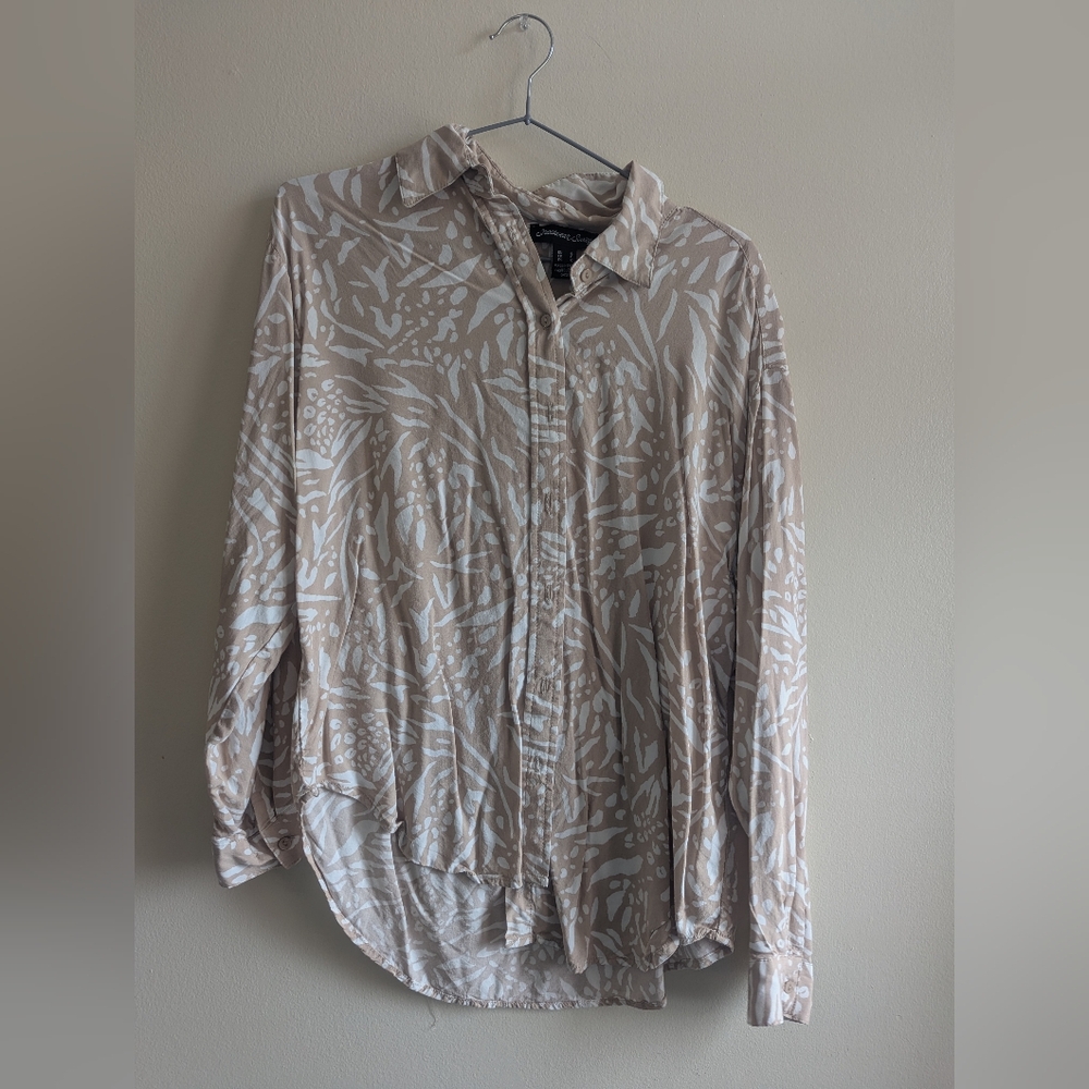 Beige and White Patterned Button-Up Shirt